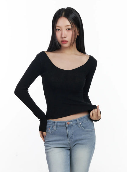 basic-v-neck-ribbed-long-sleeve-top-cf503 / Black
