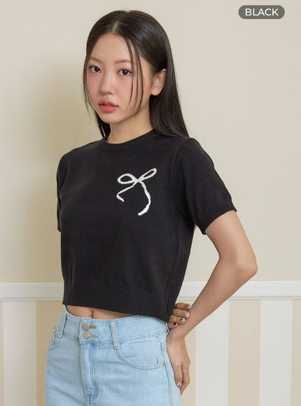 ribbon-graphic-short-sleeve-sweater-oy424 / Black