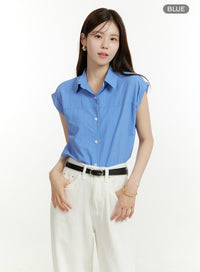 collared-buttoned-sleeveless-shirt-ou428 / Blue