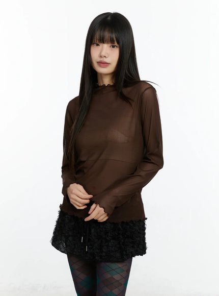 sheer-mock-neck-long-sleeve-top-cf509 / Brown