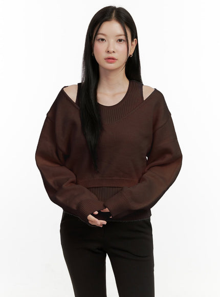 v-neck-cropped-sweater-on408 / Brown