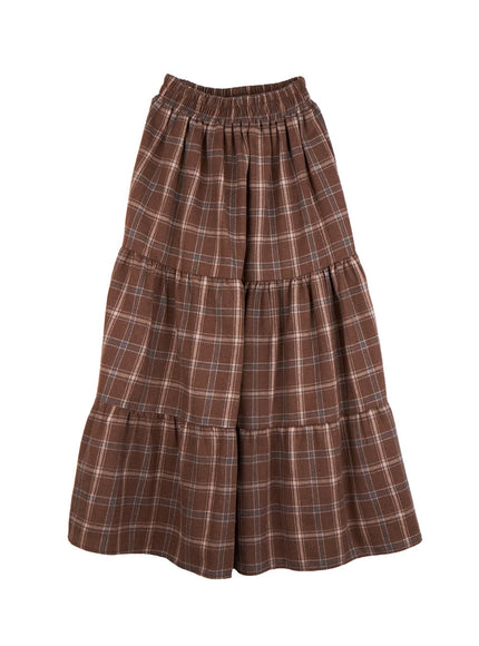 checkered-ruffle-maxi-skirt-od403 / Brown