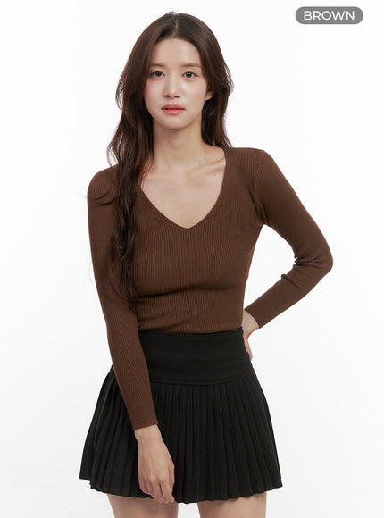 solid-v-neck-long-sleeve-top-oo421 / Brown