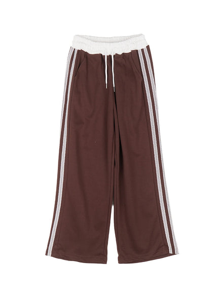 lace-striped-wide-fit-sweatpants-cu506 / Brown