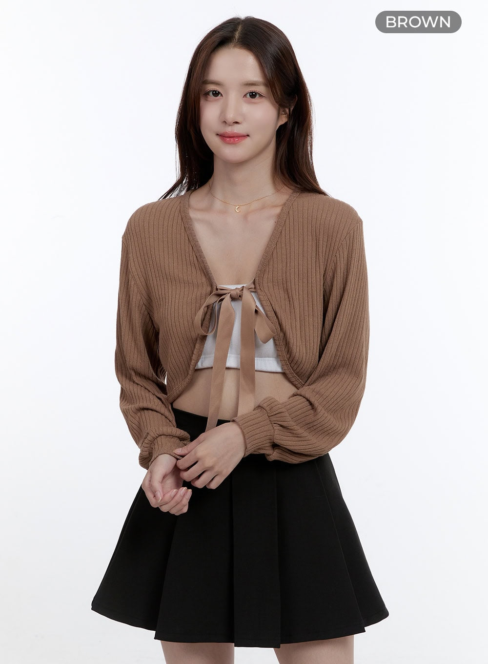 ribbon-strap-v-neck-crop-cardigan-oo407 / Brown