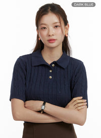 cable-knit-short-sleeve-top-ou413 / Dark blue