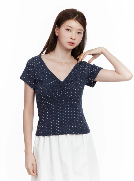 polka-dot-shirred-v-neck-top / Dark blue