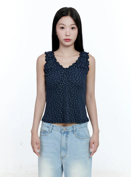 ruffle-v-neck-sleeveless-top-cg512 / Dark blue