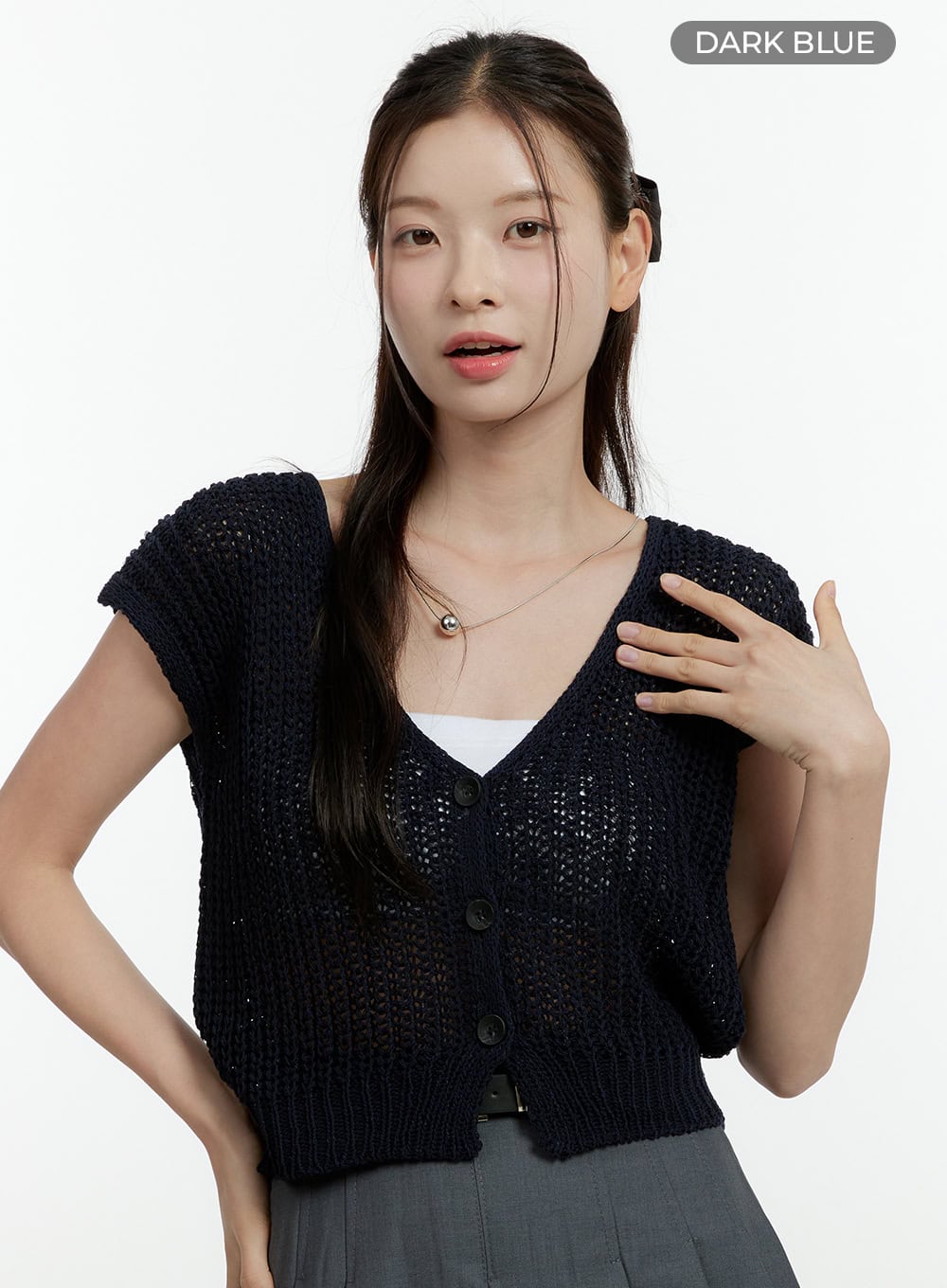 knitted-v-neck-short-sleeve-cardigan-ol430 / Dark blue