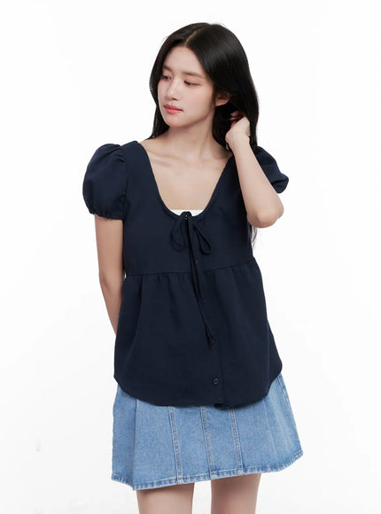 v-neck-puff-sleeve-summer-top-cl516 / Dark blue