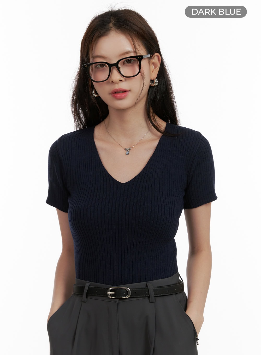 summer-v-neck-ribbed-knit-top-ou411 / Dark blue