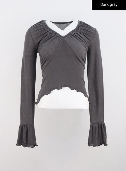 mesh-v-neck-shirred-crop-top-co327 / Dark gray