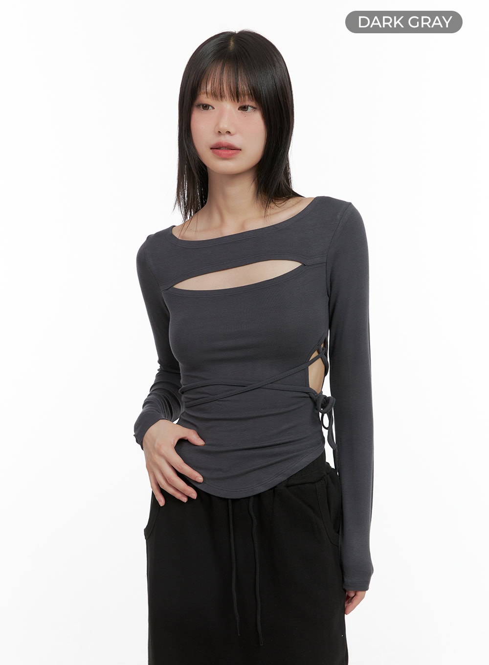 cut-out-tie-long-sleeve-crop-tee-cg426 / Dark gray