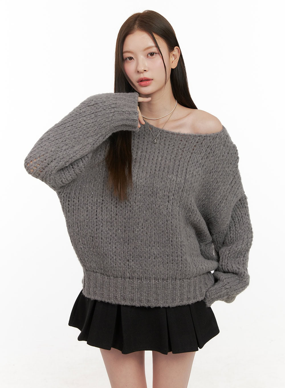 one-shoulder-solid-sweater-od412 / Dark gray