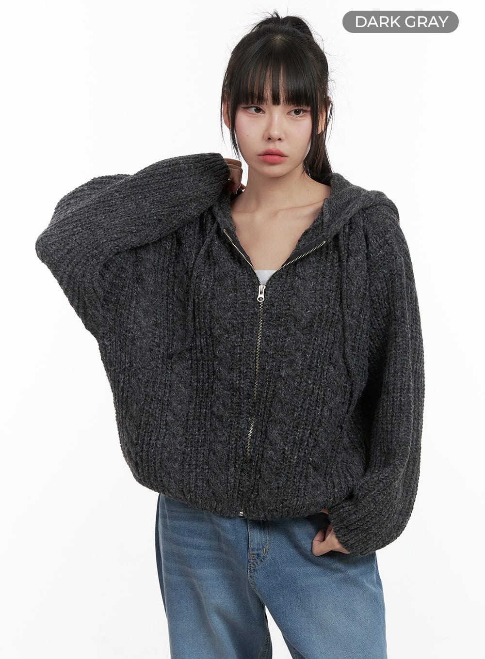 oversized-cable-knit-hooded-sweater-os410 / Dark gray