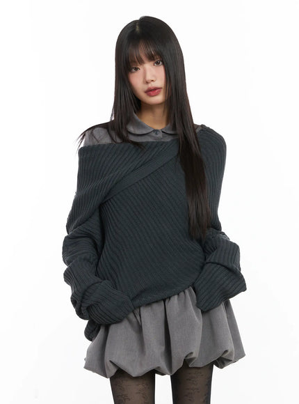 asymmetric-off-shoulder-knit-top-cd518 / Dark gray