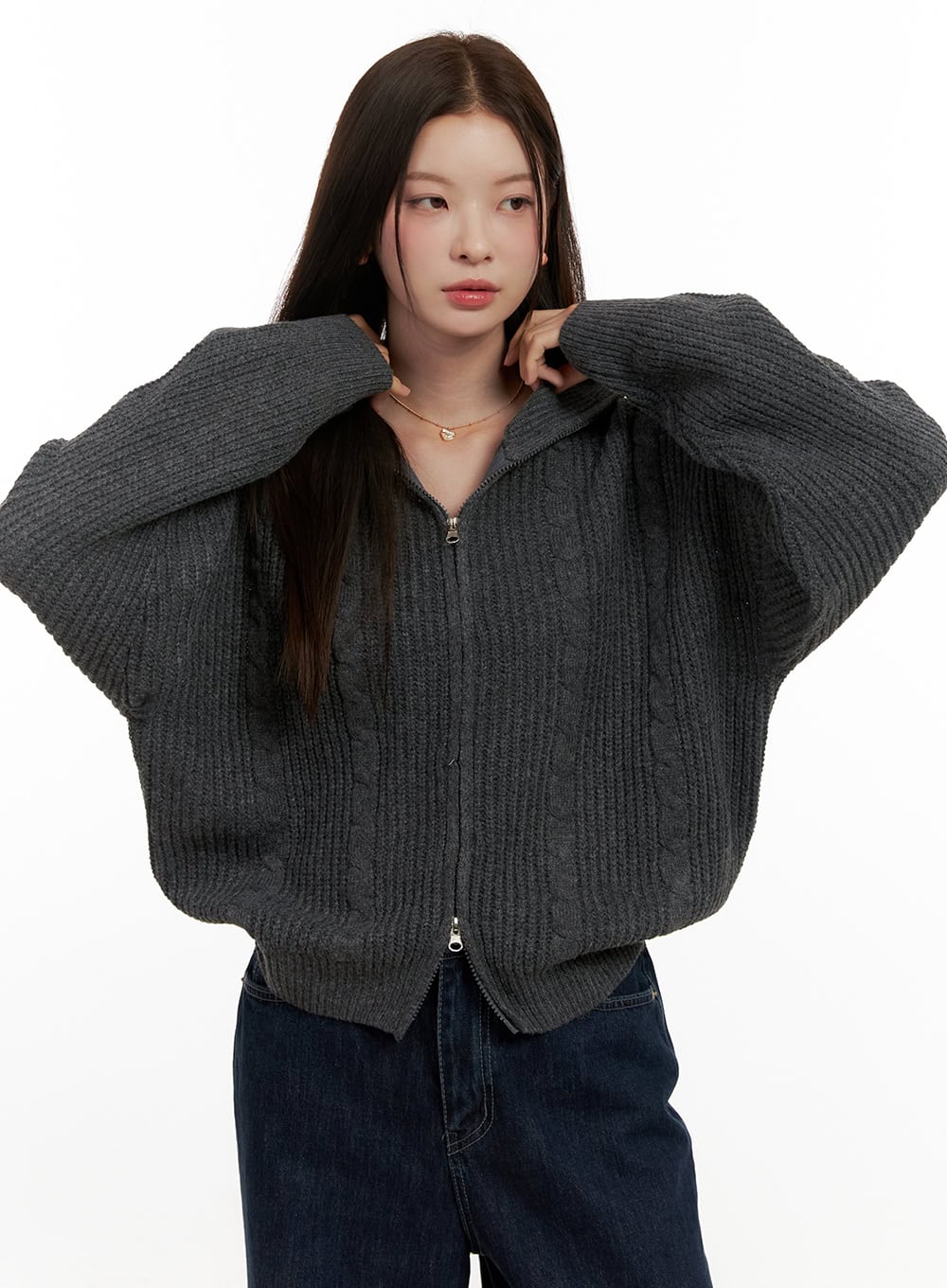 cable-knit-double-zip-cardigan-on422 / Dark gray