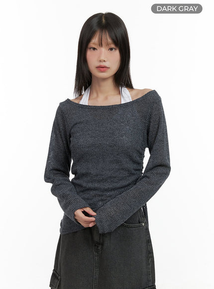 shirred-see-through-one-shoulder-top-cg426 / Dark gray