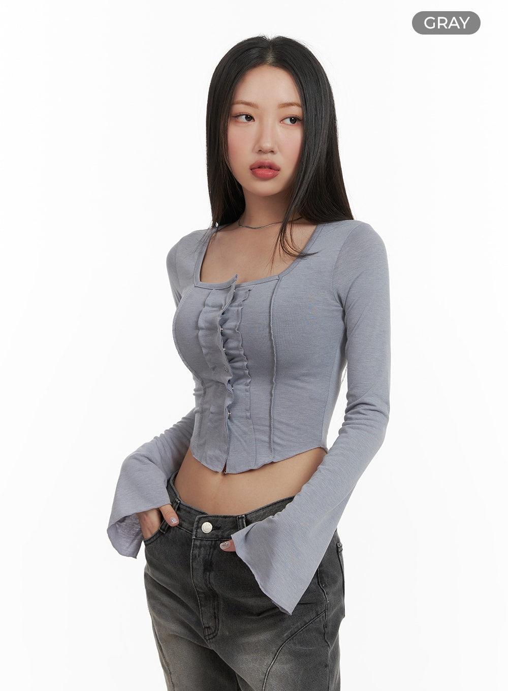 buttoned-square-neck-crop-top-ca415 / Gray