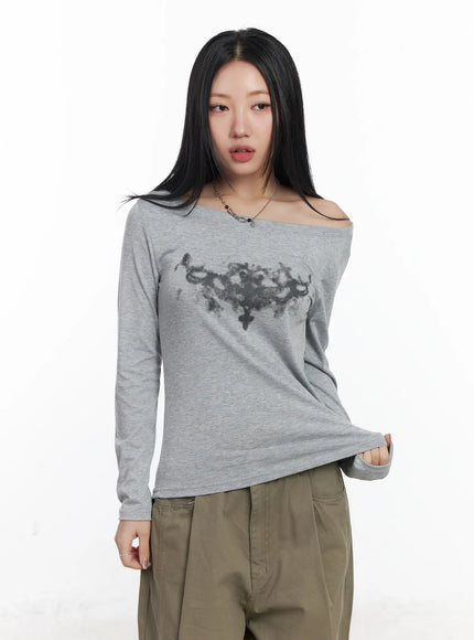 graphic-one-shoulder-long-sleeve-top-cj530 / Gray