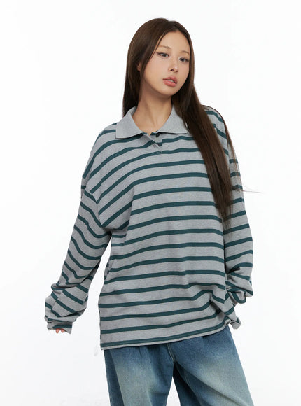 oversized-striped-collar-long-sleeve-tee-cs504 / Gray