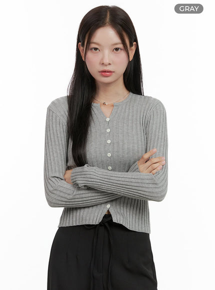 ribbed-slim-buttoned-long-sleeve-top-og416 / Gray