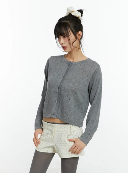 contrast-pointelle-lace-trim-cardigan-cf509 / Gray