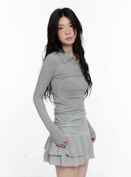 striped-collar-long-sleeve-top-cn517 / Gray