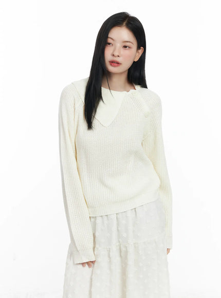 diagonal-button-collar-knit-top-cj519 / Light beige