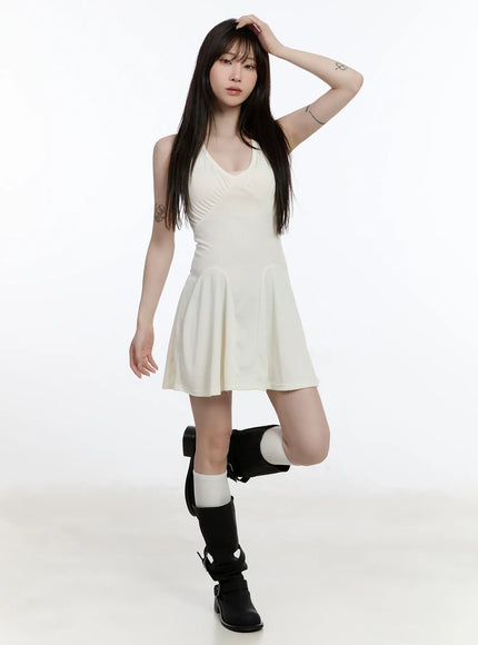 ribbed-halter-flare-mini-dress-ca502 / Light beige