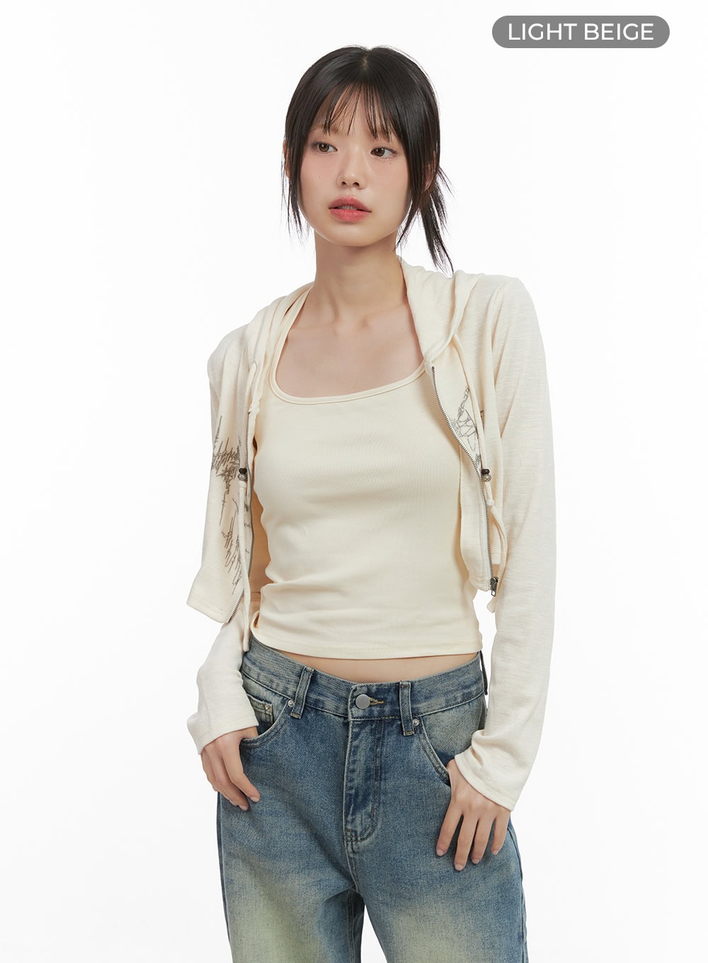 stylish-graphic-hooded-crop-cs412 / Light beige