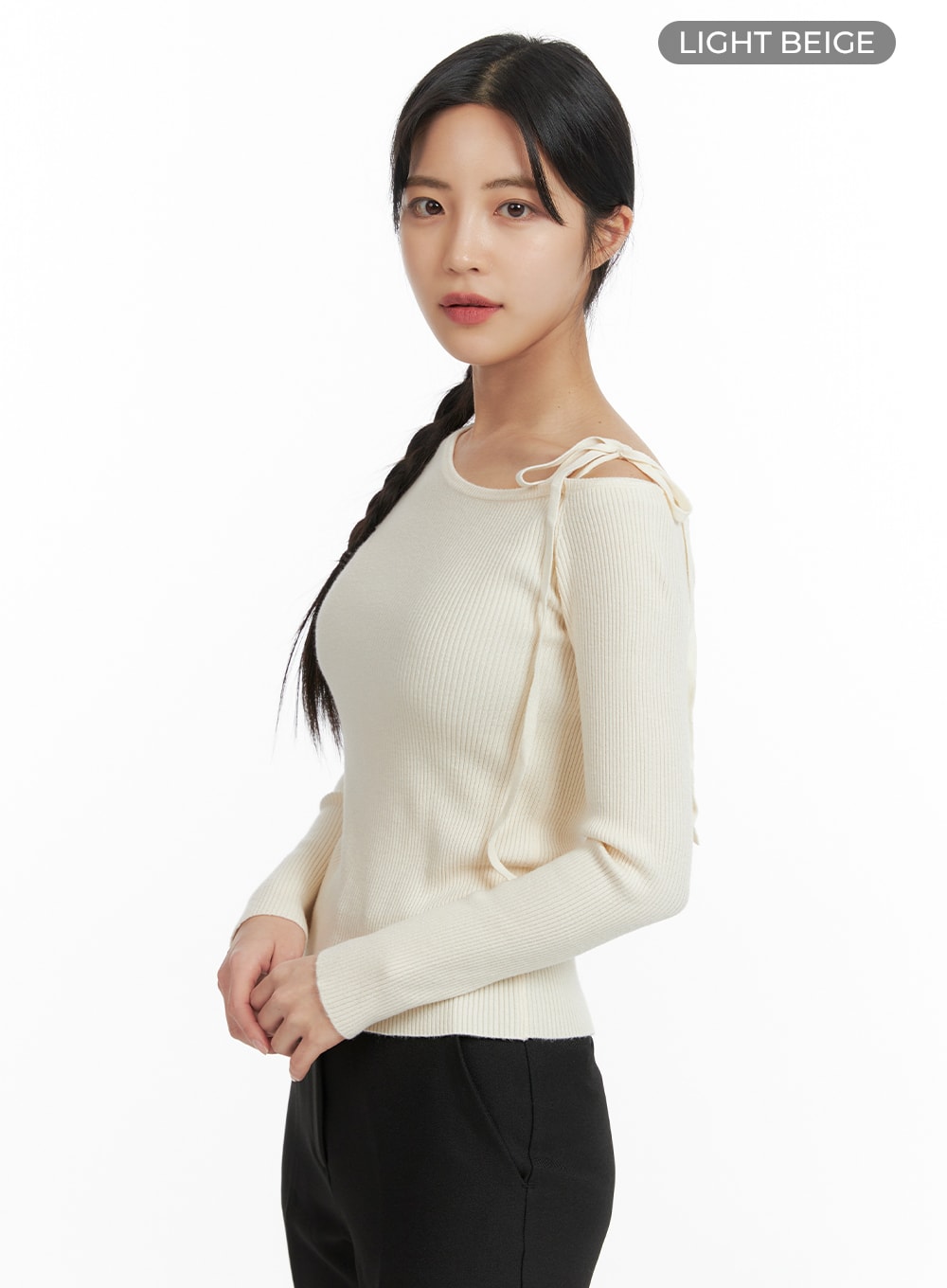 ribbed-one-shoulder-ribbon-top-of422 / Light beige