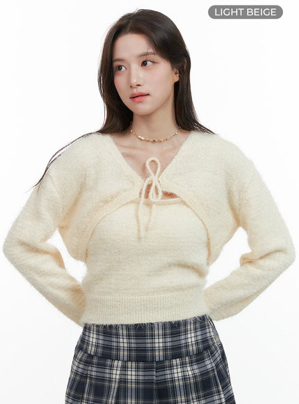 fuzzy-ribboned-bolero-cardigan-og409 / Light beige
