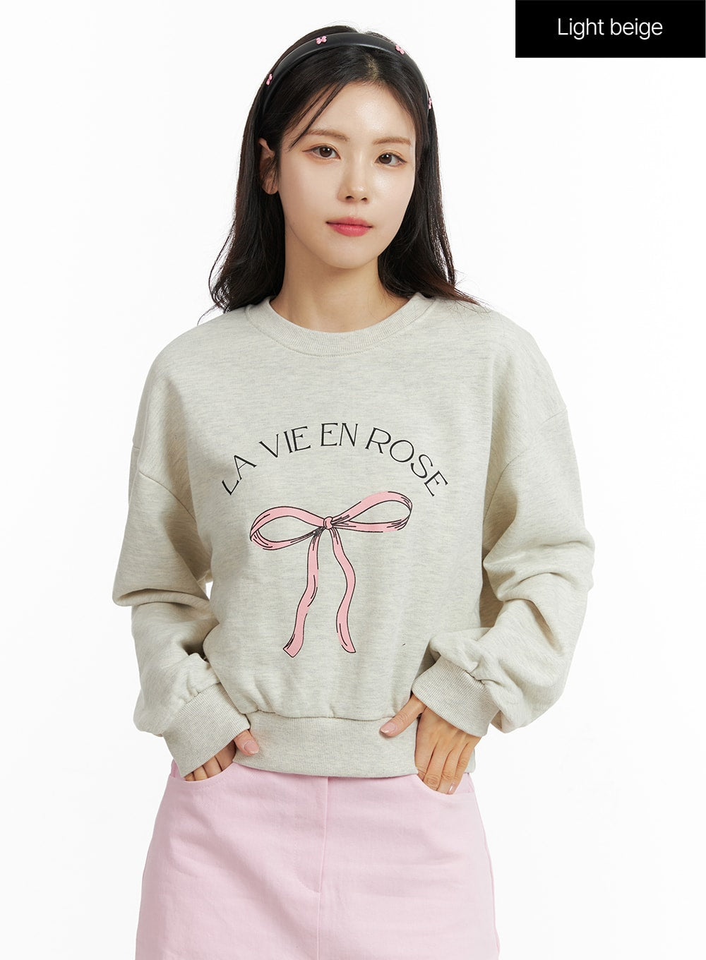 ribbon-graphic-sweatshirt-of414 / Light beige