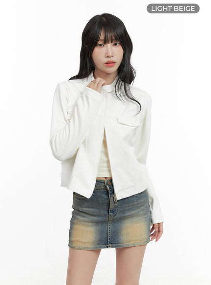 pocket-zip-up-solid-jacket-cg421 / Light beige