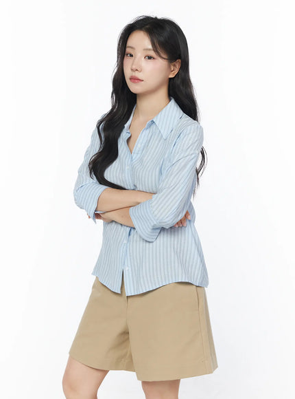 roll-up-sleeve-stripe-blouse-cy522 / Light blue