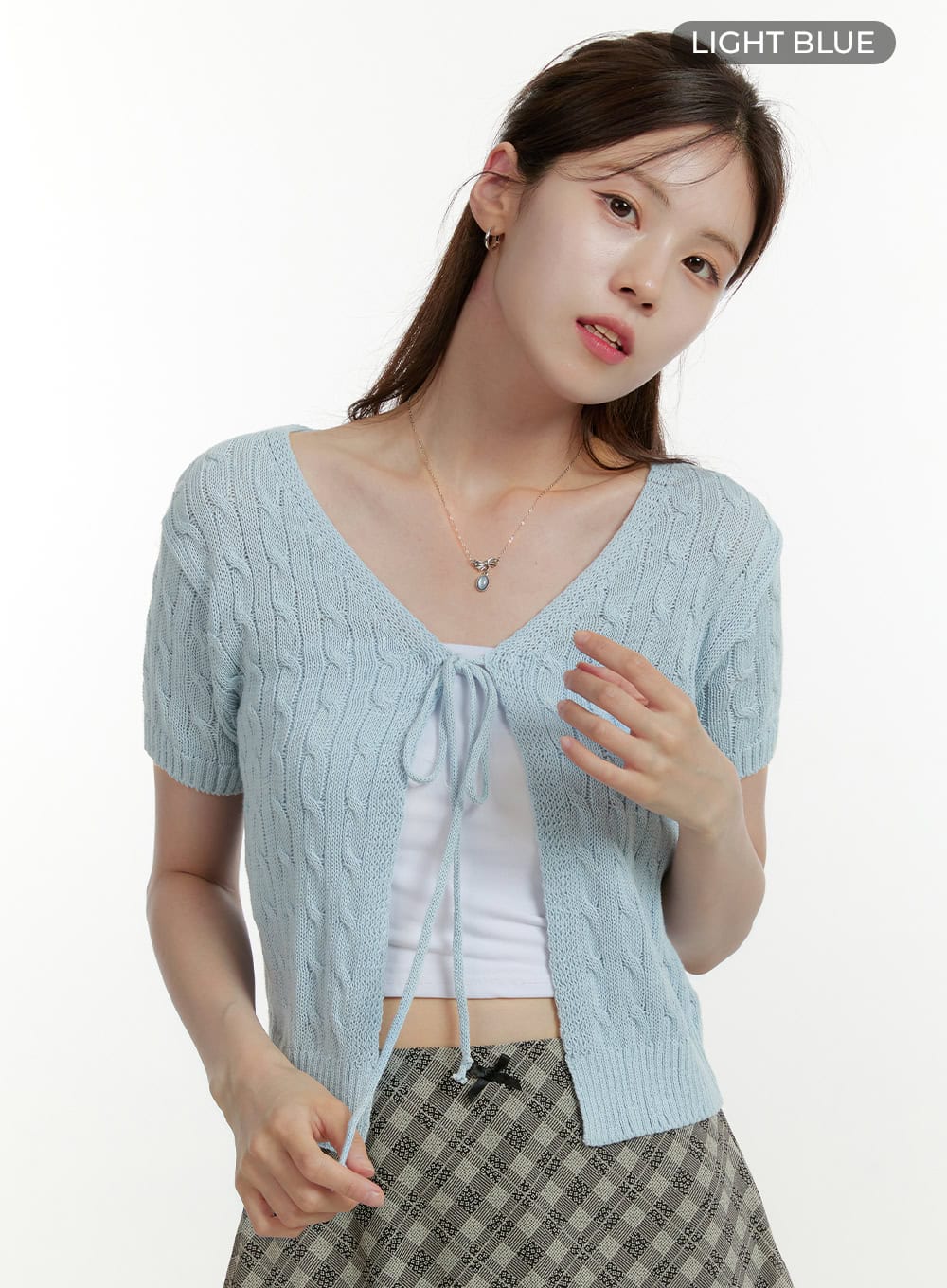 v-neck-short-sleeve-cardigan-ou427 / Light blue