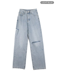 cut-out-washed-straight-jeans-om421 / Light blue