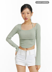 solid-knit-asymmetrical-long-sleeve-top-cf416 / Light green