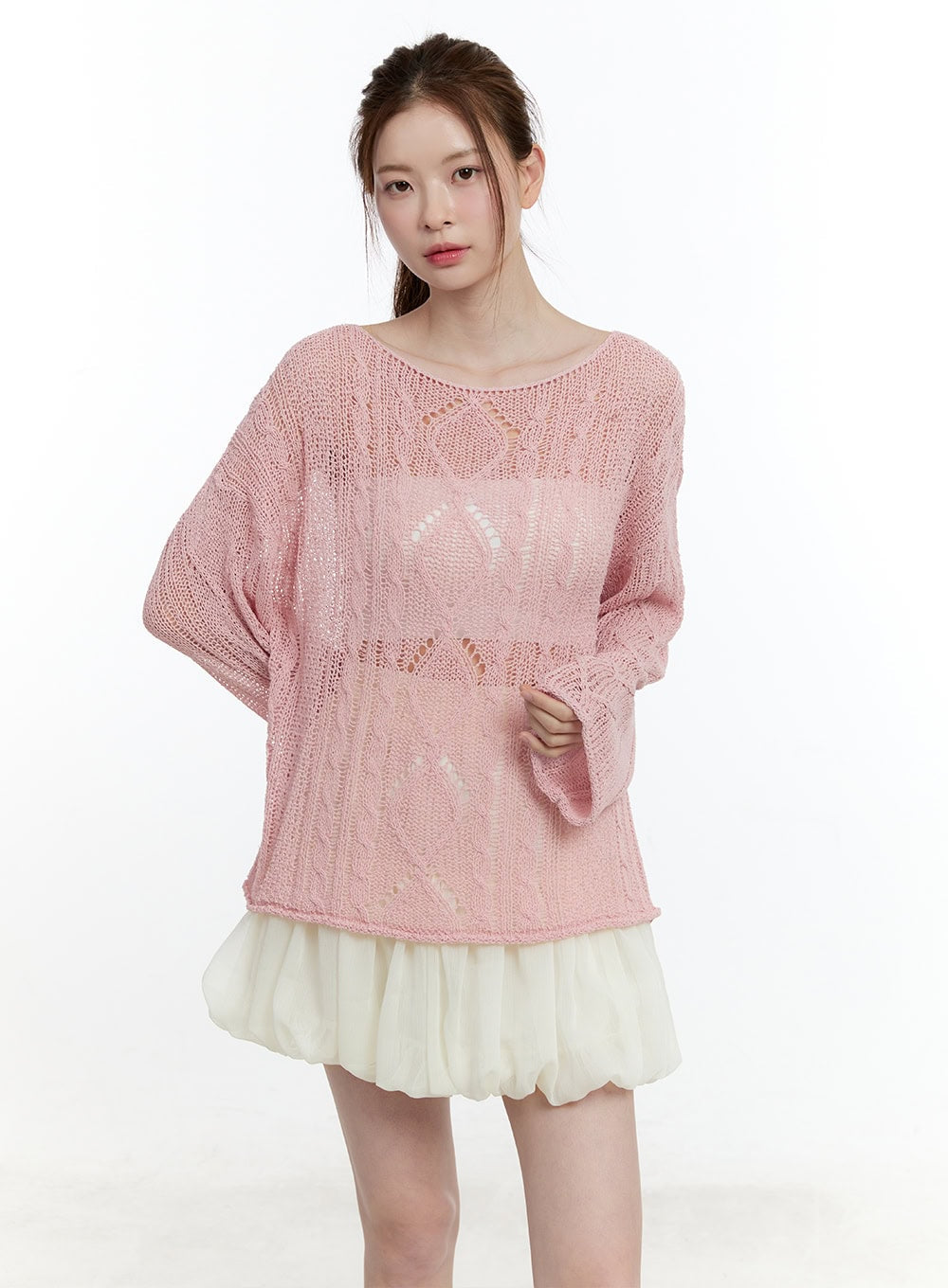 cable-knit-sheer-loose-fit-sweater-cm521 / Light pink
