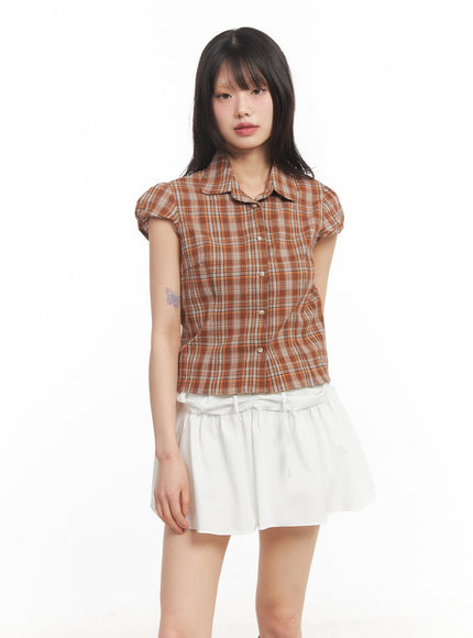 plaid-puff-sleeve-cropped-shirt-ca523 / Orange
