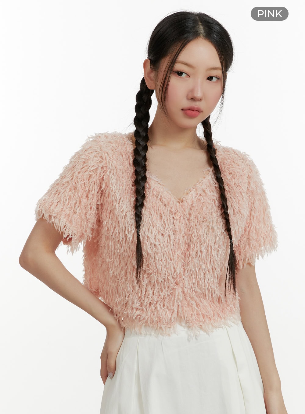 faux-fur-v-neck-cardigan-oy413 / Pink