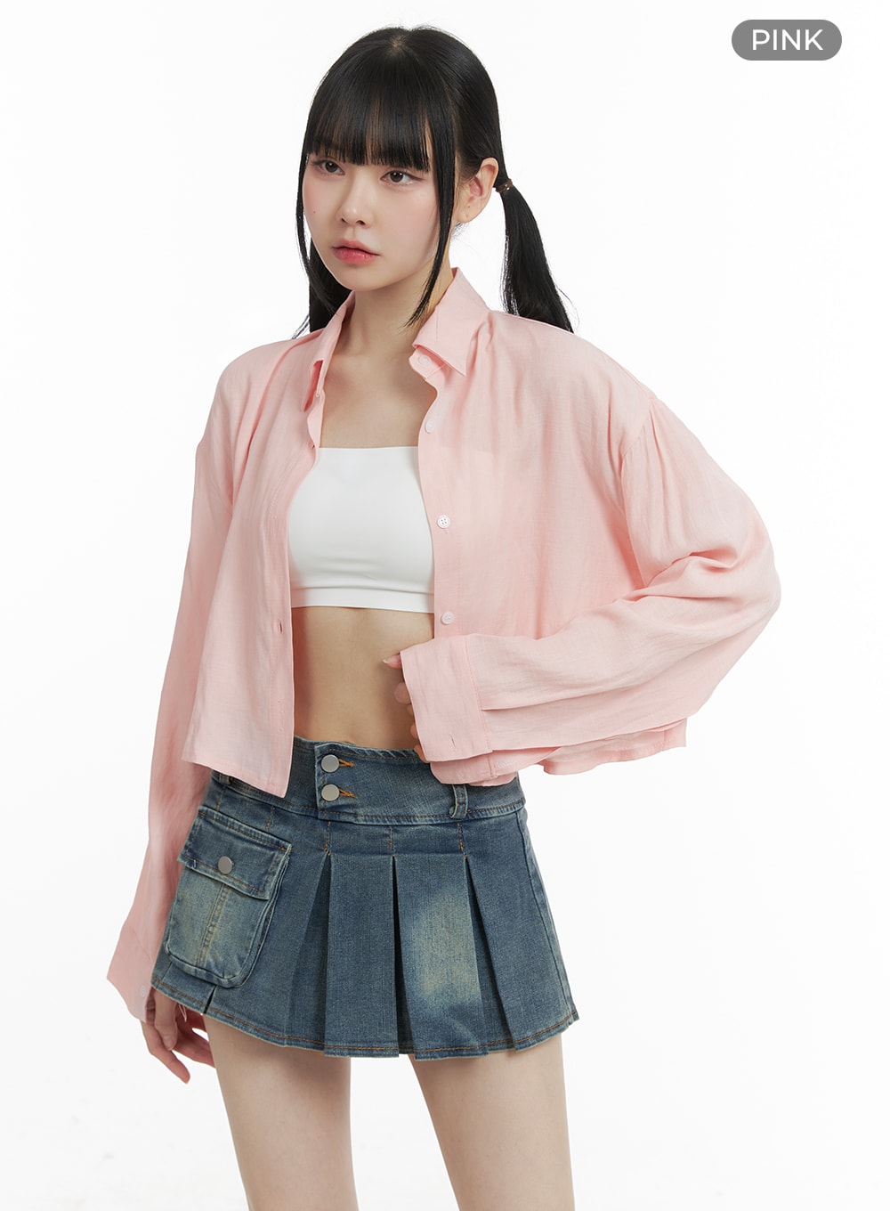 buttoned-collar-cropped-blouse-om426 / Pink