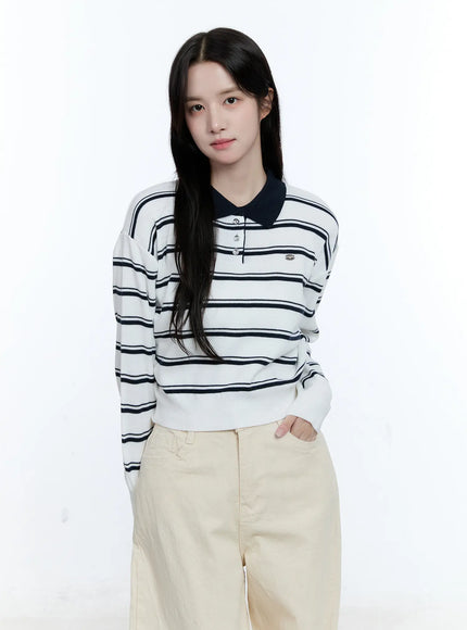 striped-collared-long-sleeve-top-cg513 / White