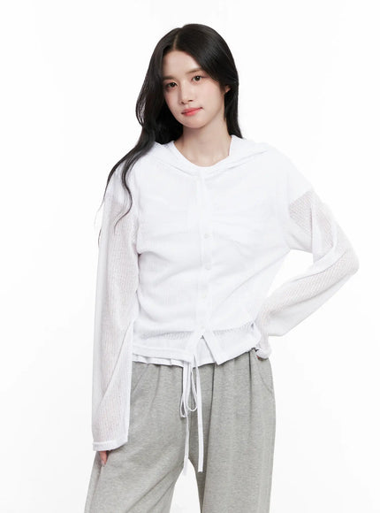 sheer-button-up-long-sleeve-zip-up-cl516 / White