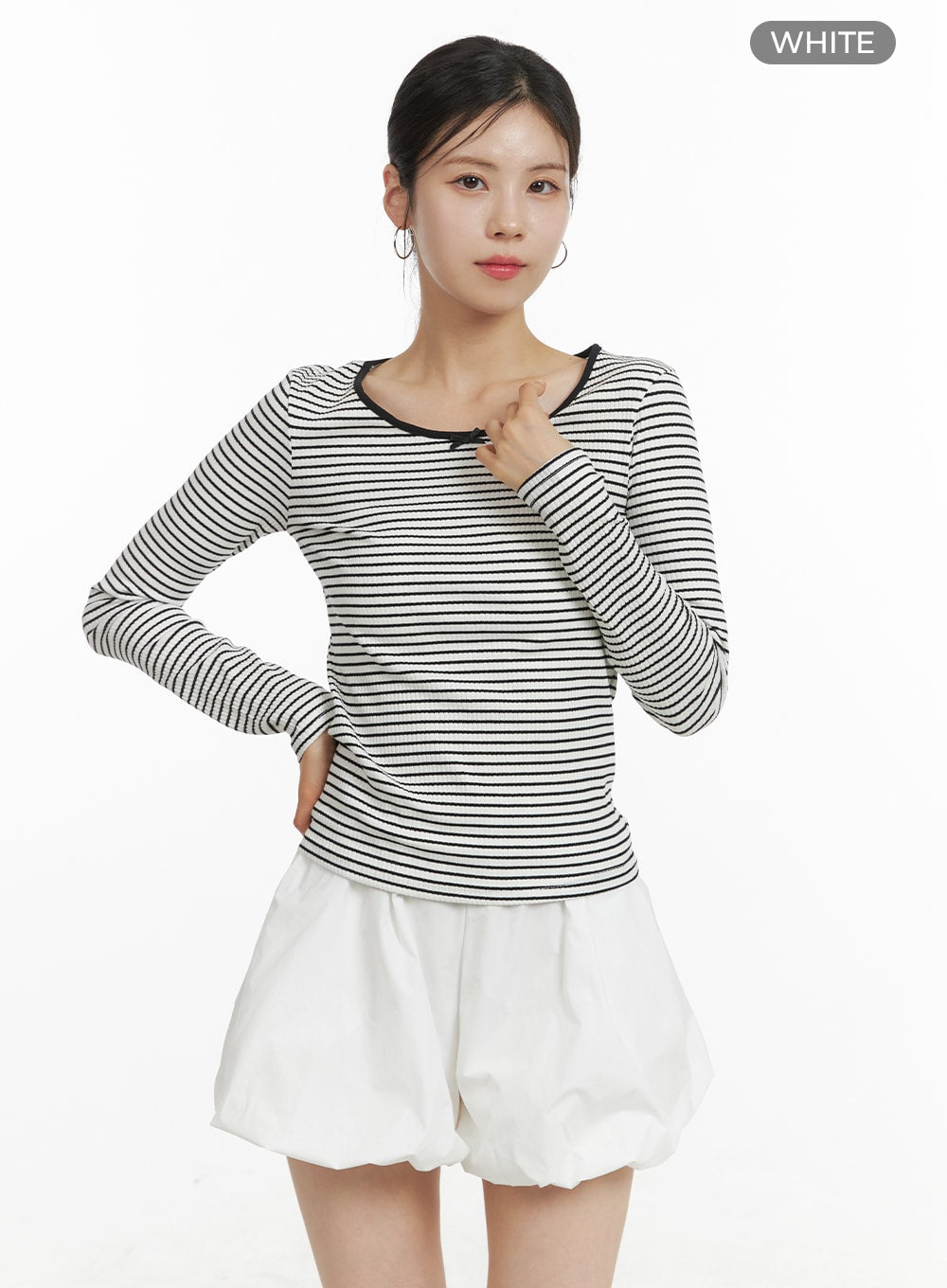 ribbon-stripe-long-sleeve-top-oa423 / White