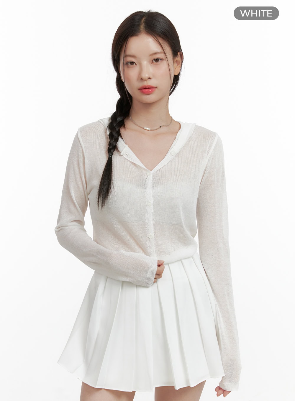 sheer-button-hooded-cardigan-ol411 / White