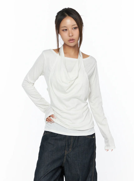 layered-long-sleeve-halter-top-ca516 / White