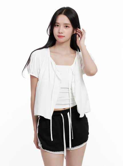 striped-puff-sleeve-ribbon-top-cl516 / White