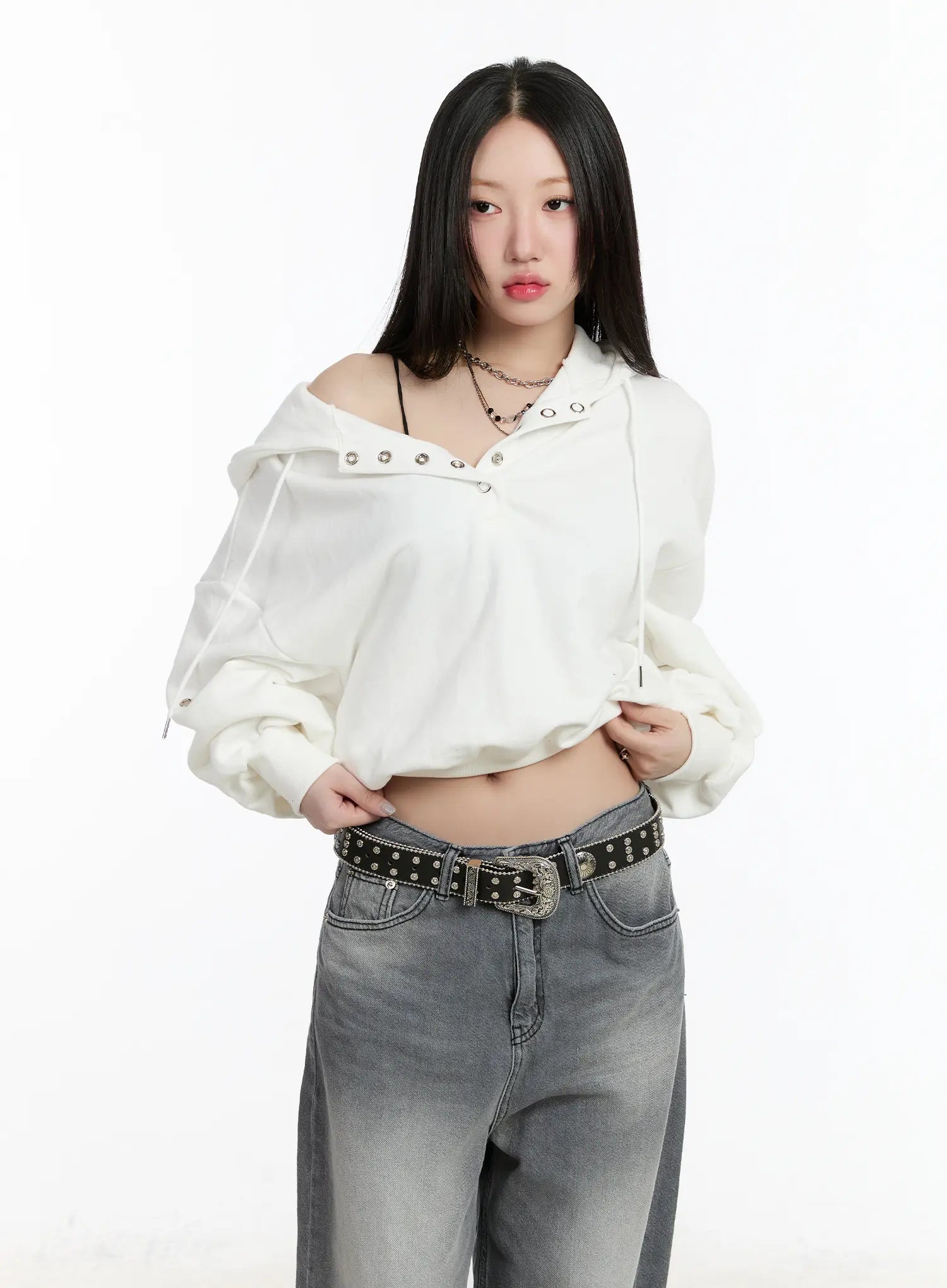 eyelet-crop-hoodie-cm511 / White